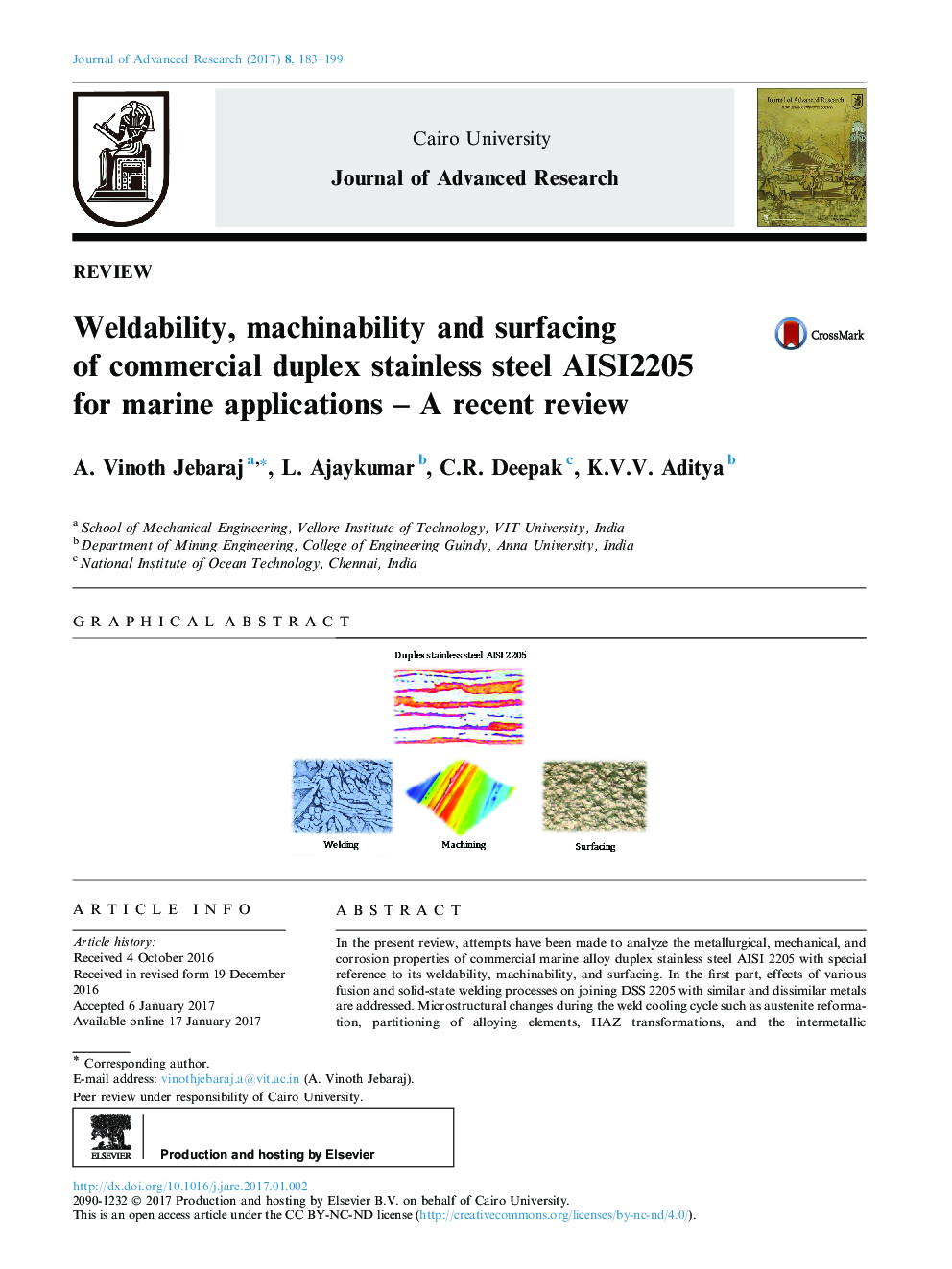 ReviewWeldability, machinability and surfacing of commercial duplex stainless steel AISI2205 for marine applications - A recent review