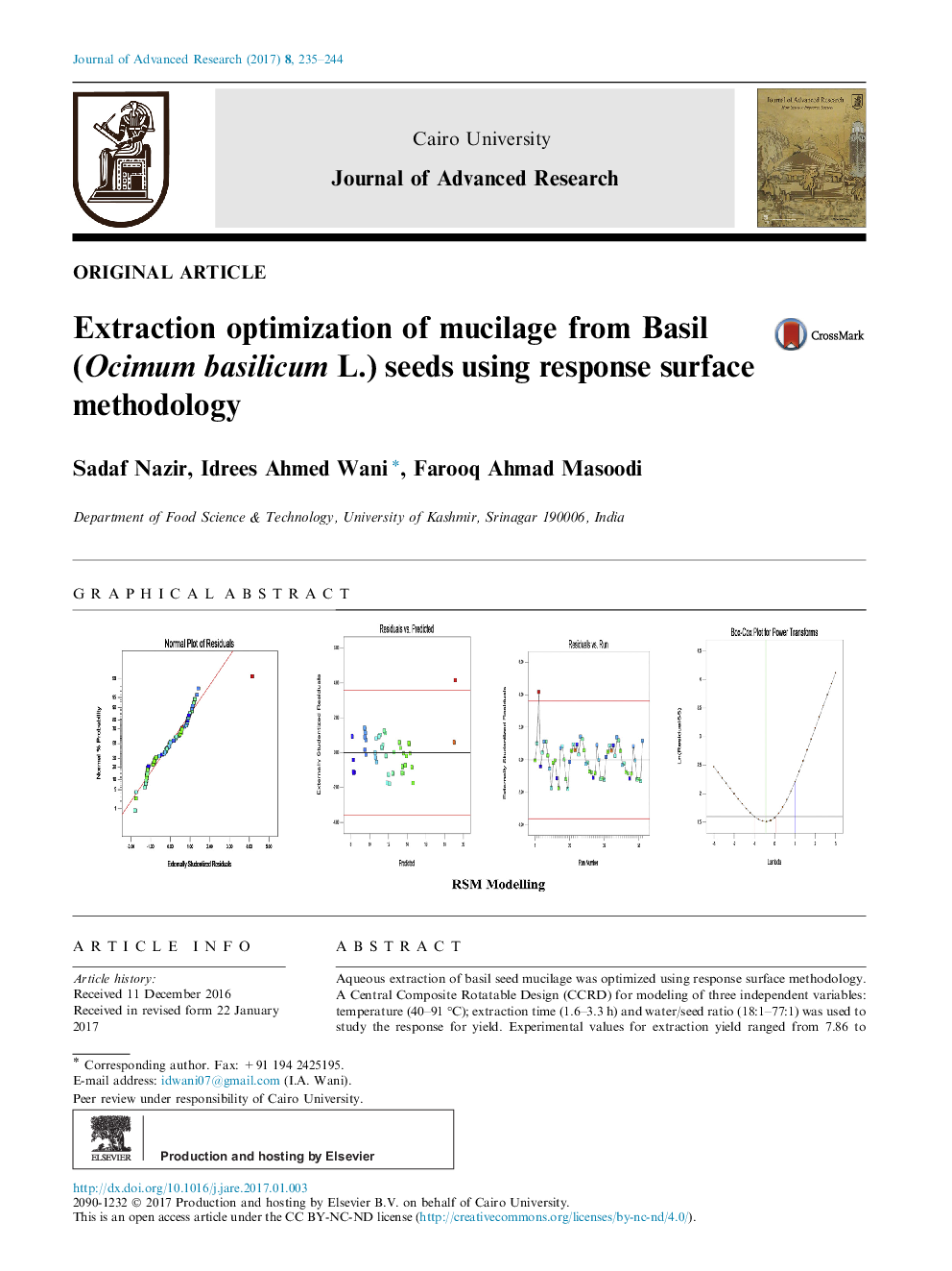 Extraction optimization of mucilage from Basil (Ocimum basilicum L.) seeds using response surface methodology