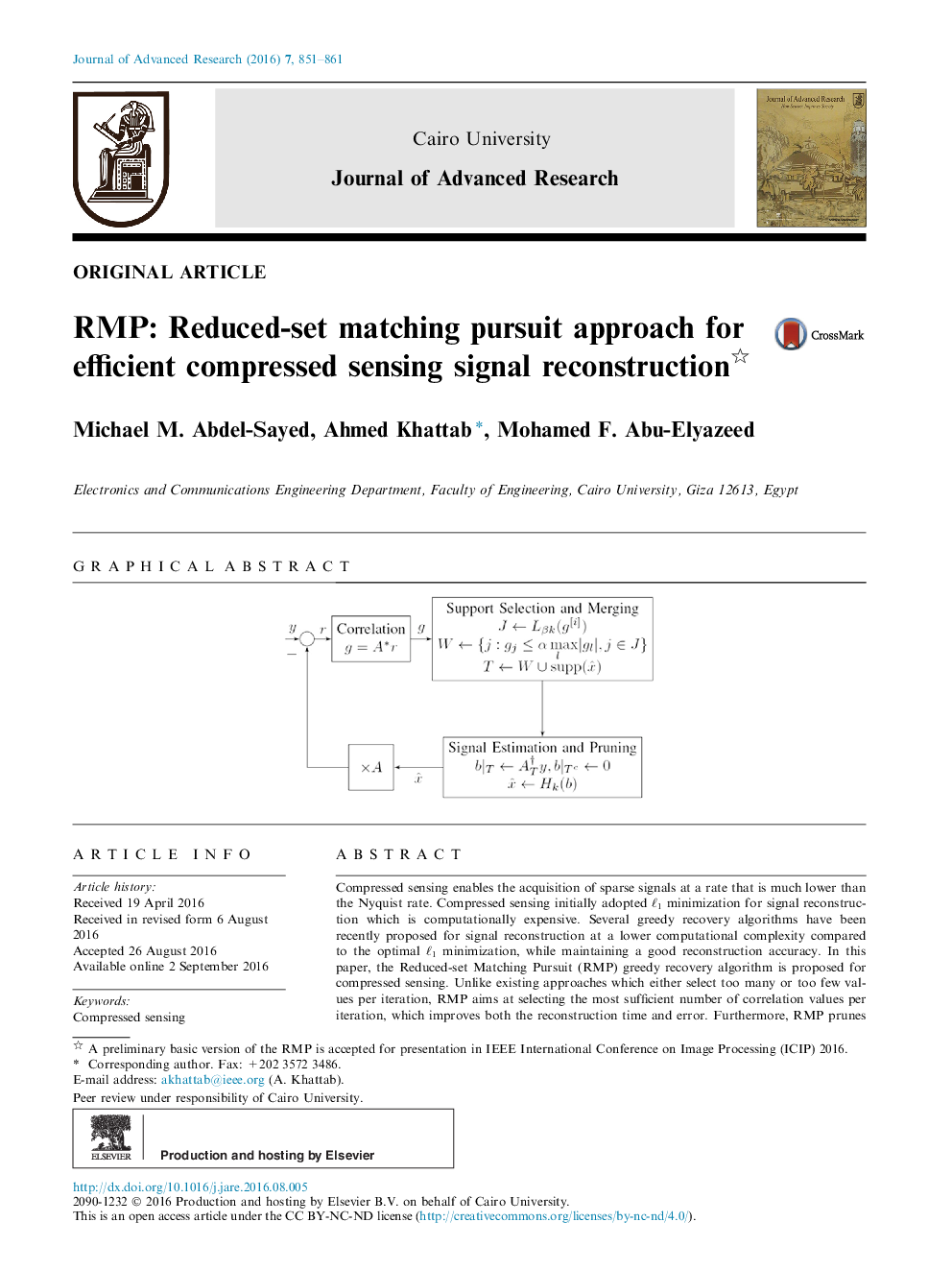 Original ArticleRMP: Reduced-set matching pursuit approach for efficient compressed sensing signal reconstruction