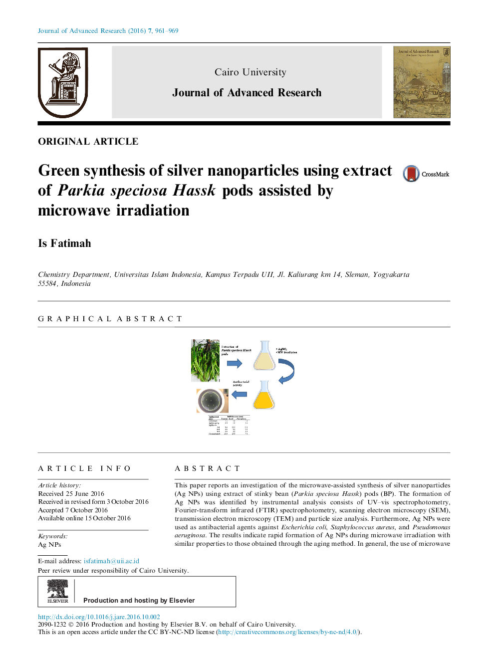 Original ArticleGreen synthesis of silver nanoparticles using extract of Parkia speciosa Hassk pods assisted by microwave irradiation