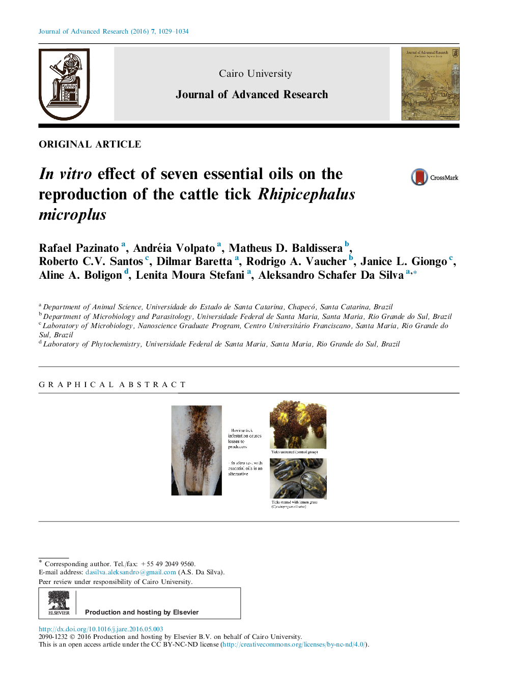 Original ArticleIn vitro effect of seven essential oils on the reproduction of the cattle tick Rhipicephalus microplus