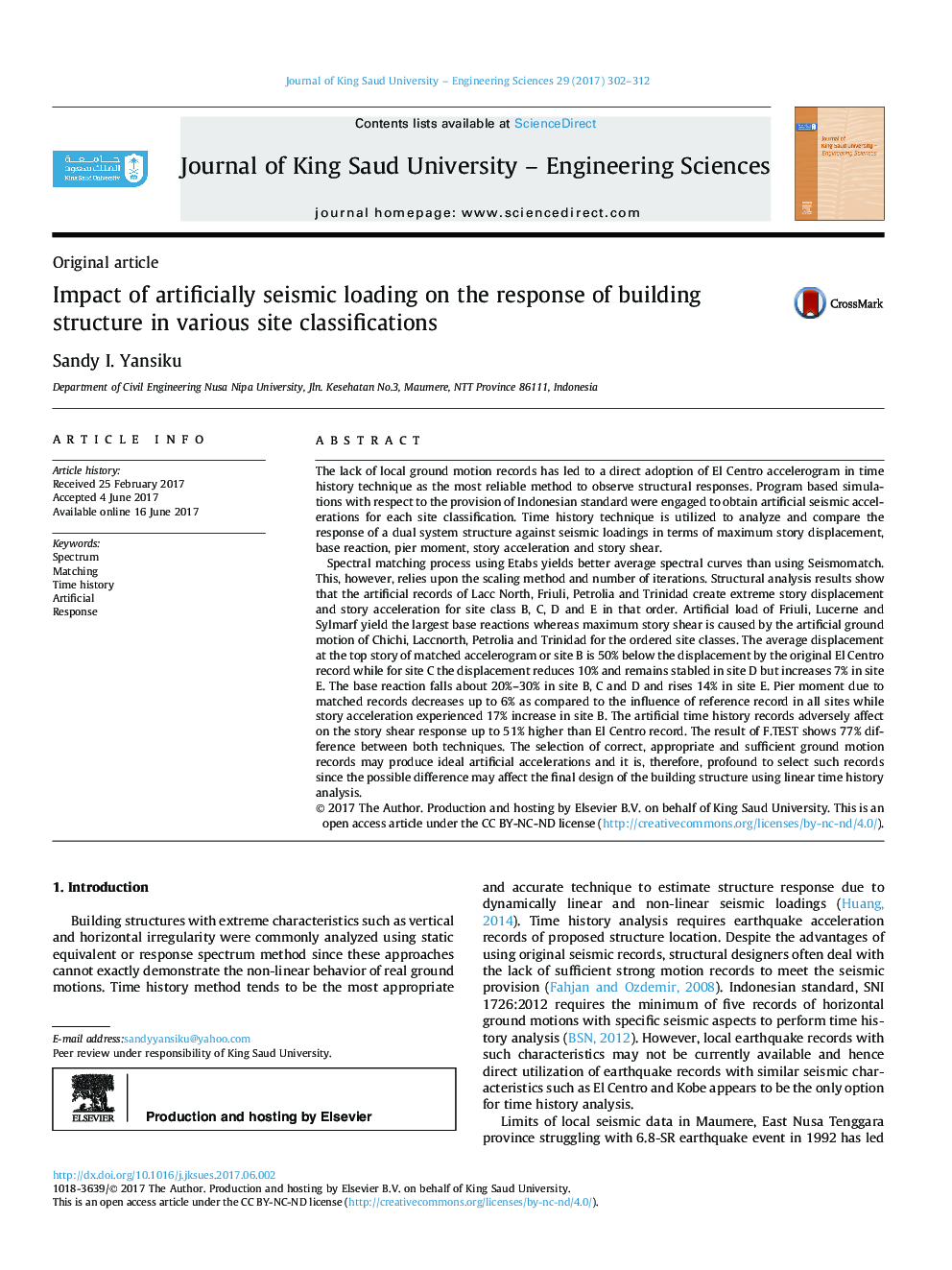 Impact of artificially seismic loading on the response of building structure in various site classifications