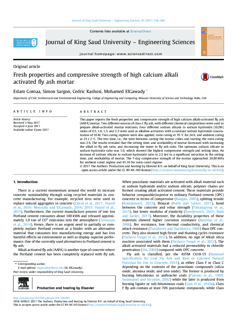 Original articleFresh properties and compressive strength of high calcium alkali activated fly ash mortar