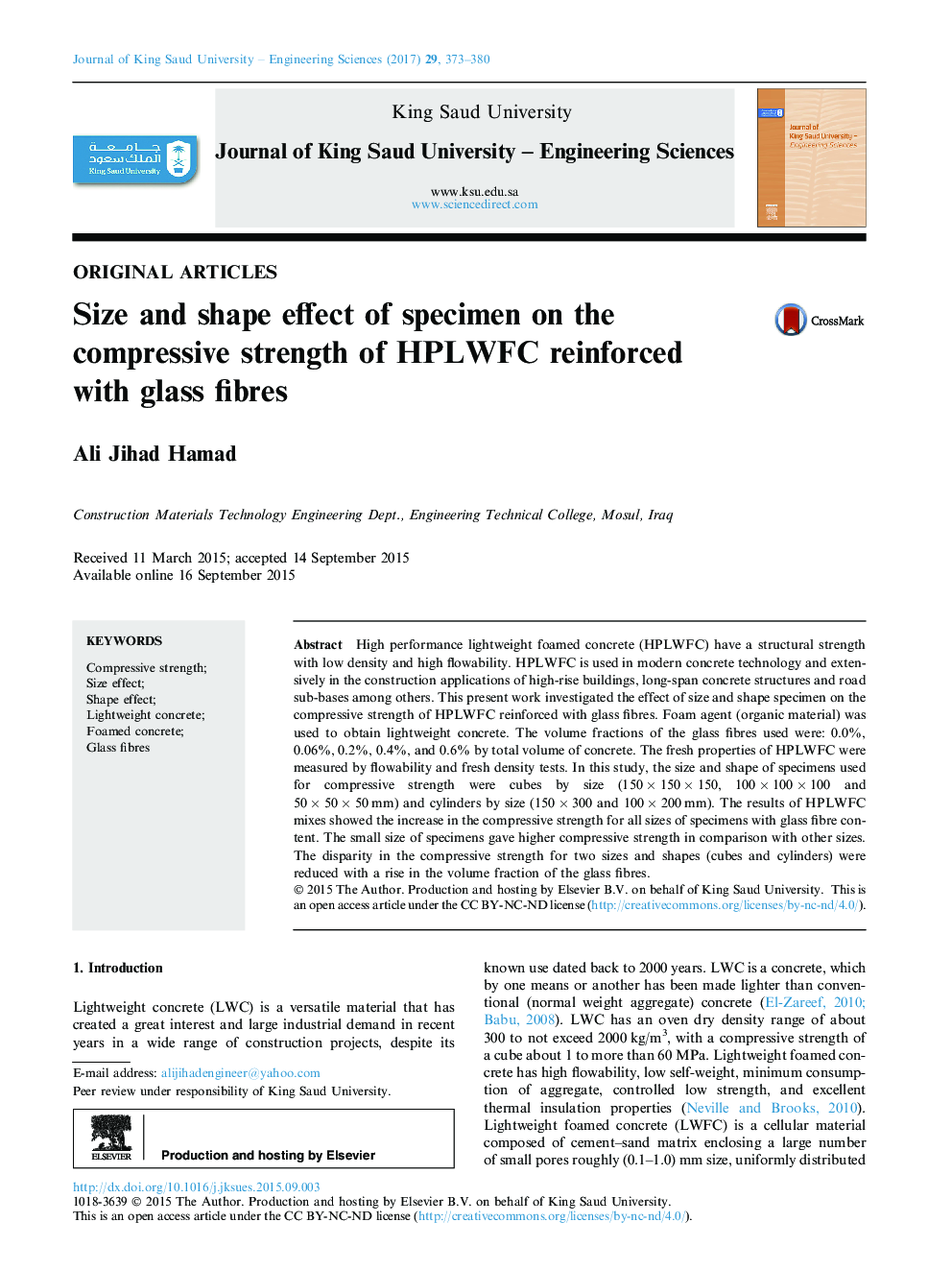 Size and shape effect of specimen on the compressive strength of HPLWFC reinforced with glass fibres