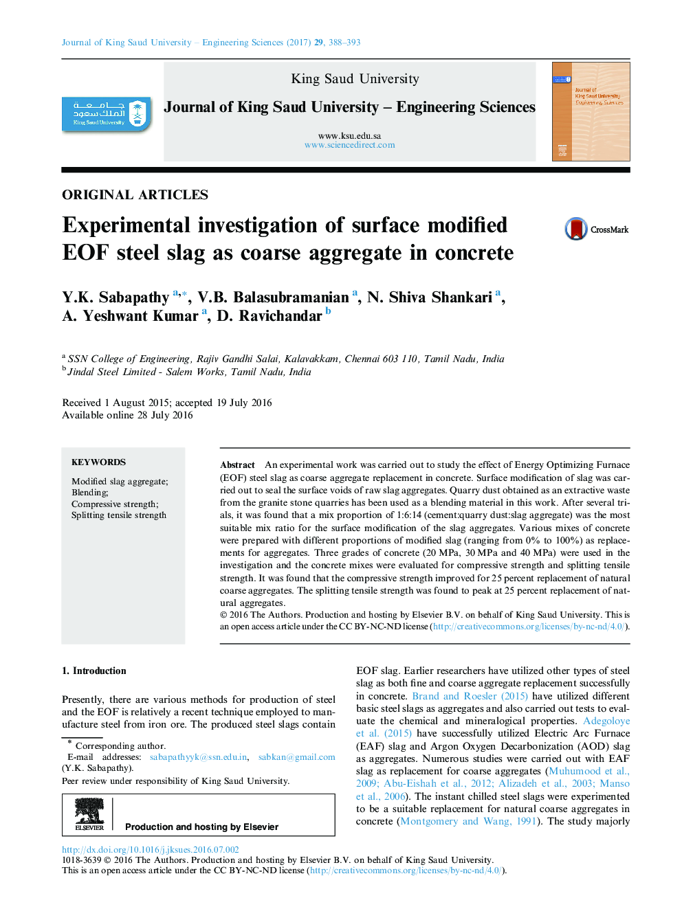 Original ArticlesExperimental investigation of surface modified EOF steel slag as coarse aggregate in concrete