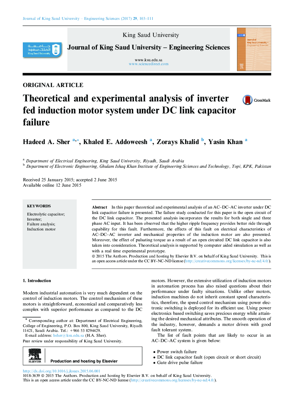 Theoretical and experimental analysis of inverter fed induction motor system under DC link capacitor failure