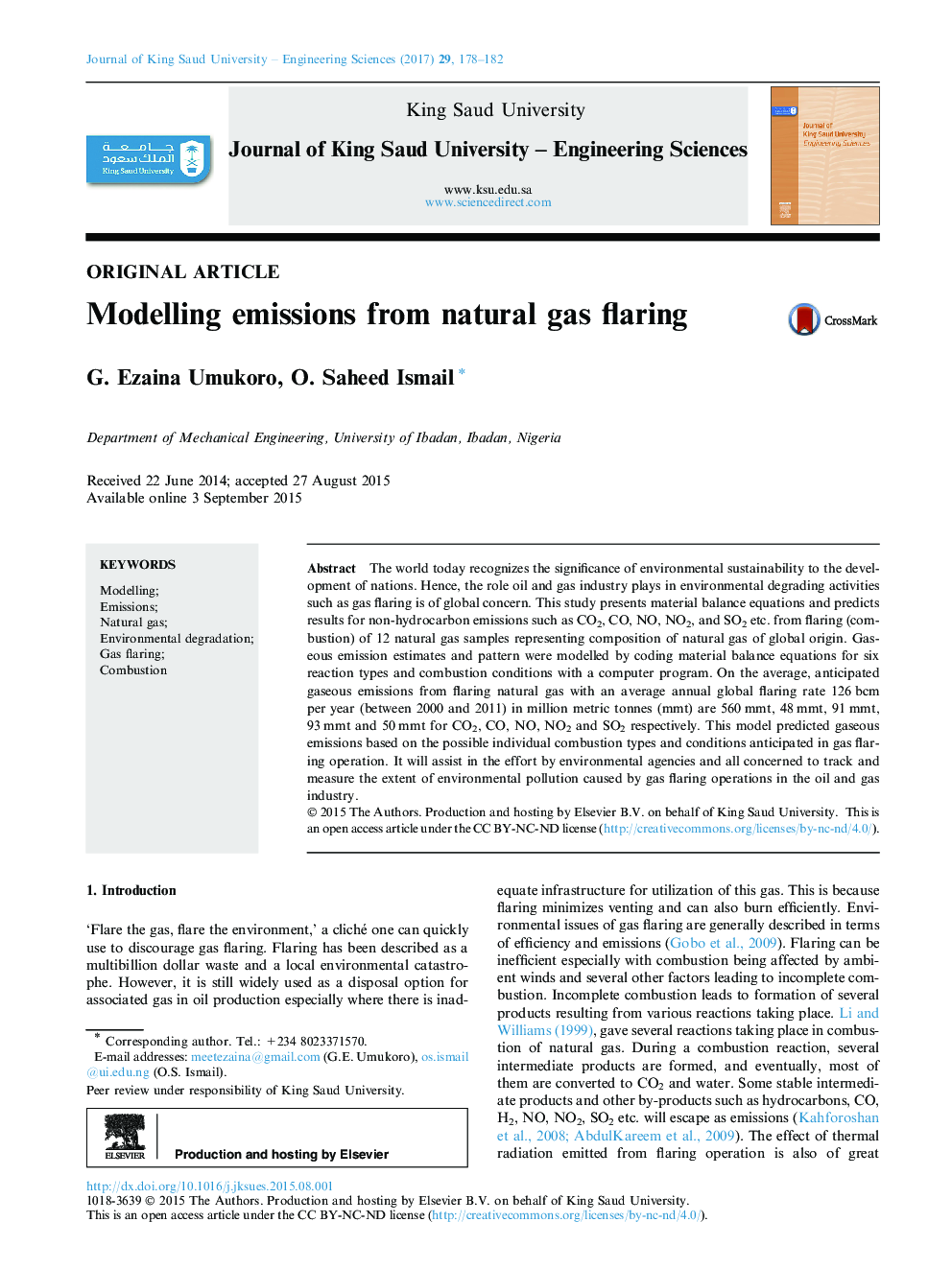 Modelling emissions from natural gas flaring