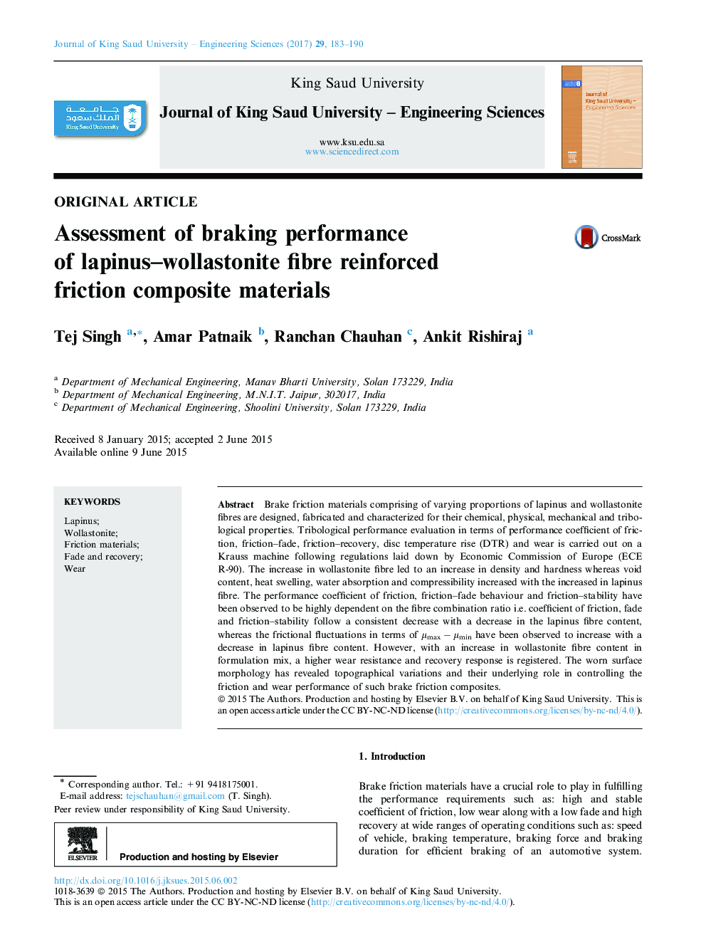 Assessment of braking performance of lapinus-wollastonite fibre reinforced friction composite materials