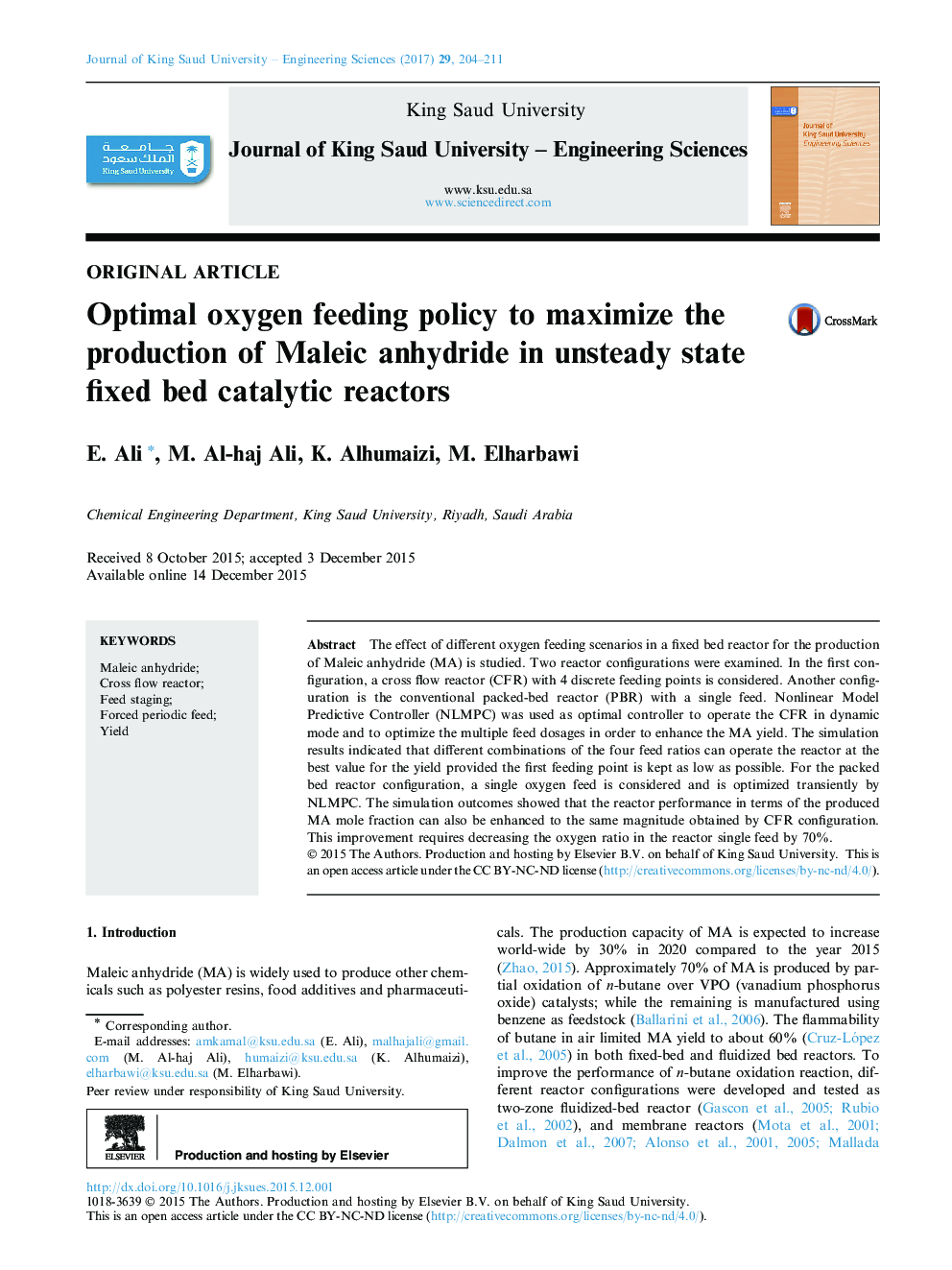 Optimal oxygen feeding policy to maximize the production of Maleic anhydride in unsteady state fixed bed catalytic reactors