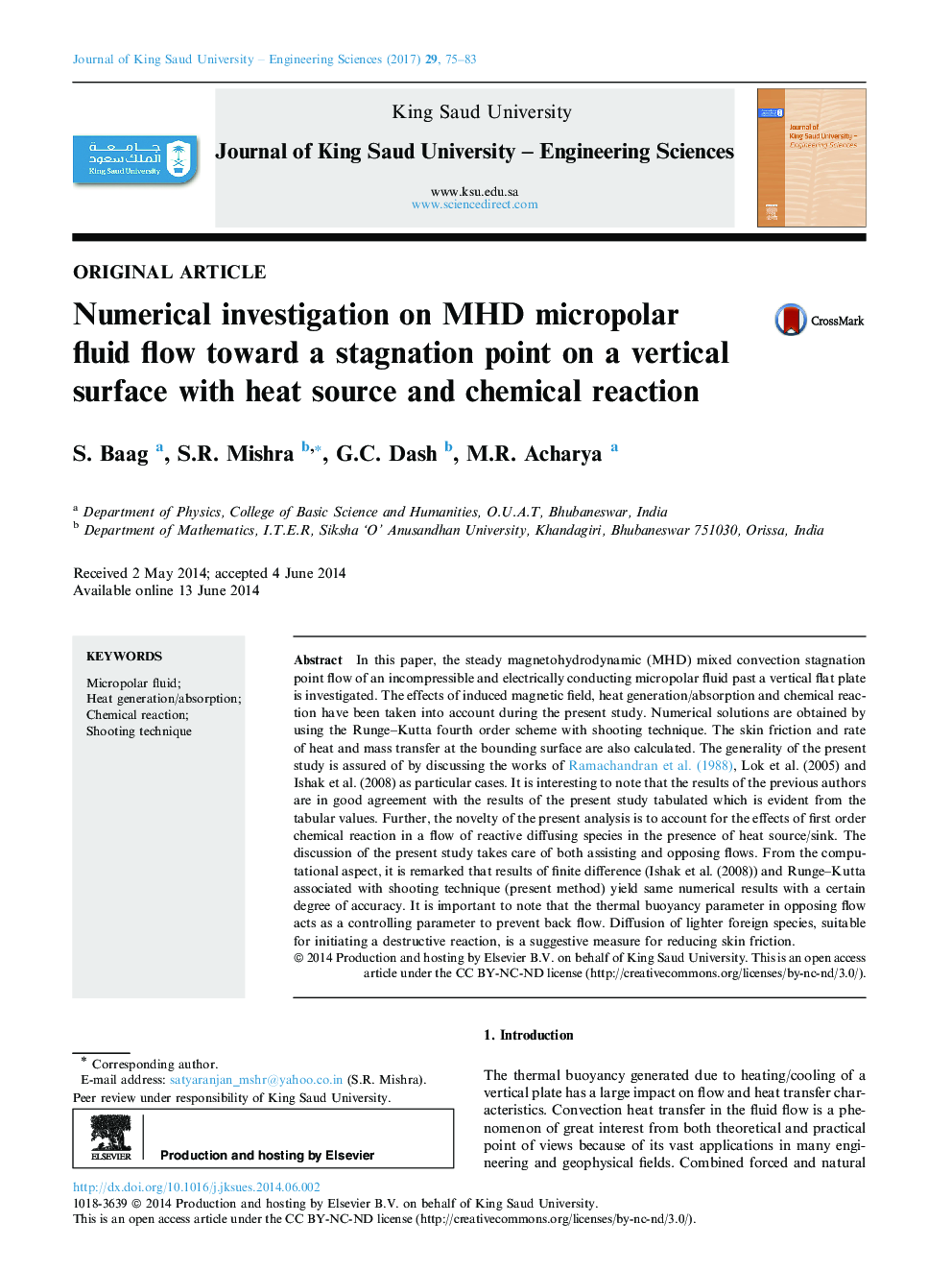 Numerical investigation on MHD micropolar fluid flow toward a stagnation point on a vertical surface with heat source and chemical reaction