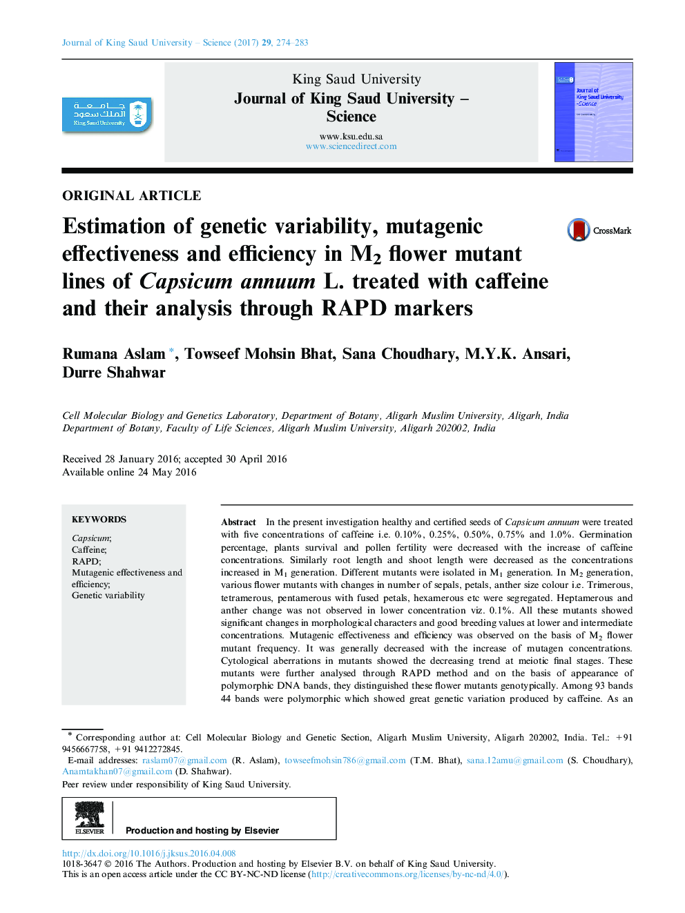 Case StudyEstimation of genetic variability, mutagenic effectiveness and efficiency in M2 flower mutant lines of Capsicum annuum L. treated with caffeine and their analysis through RAPD markers