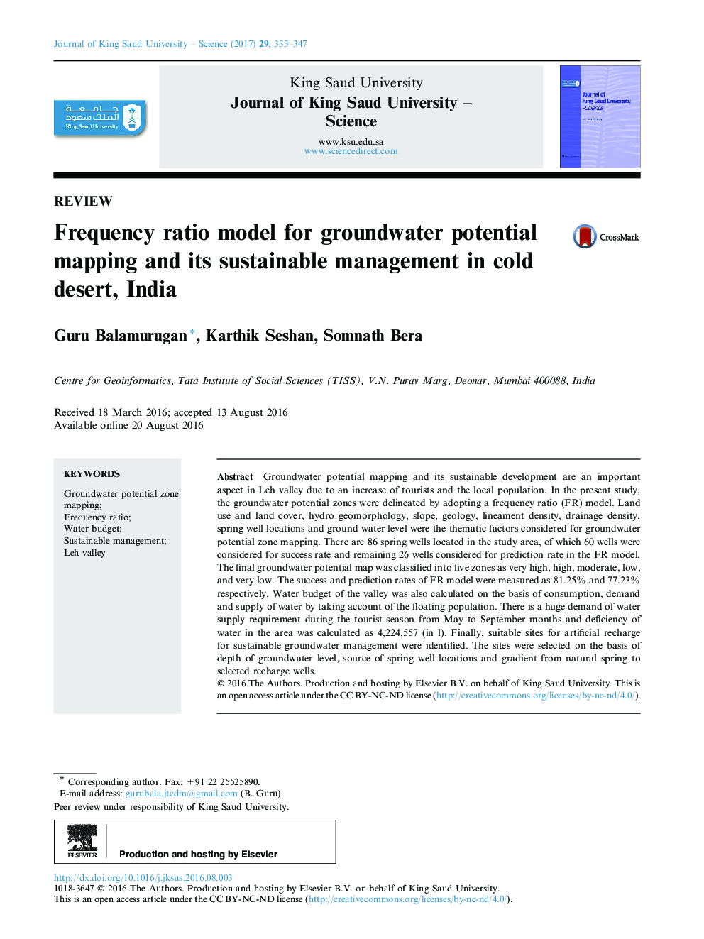 Frequency ratio model for groundwater potential mapping and its sustainable management in cold desert, India