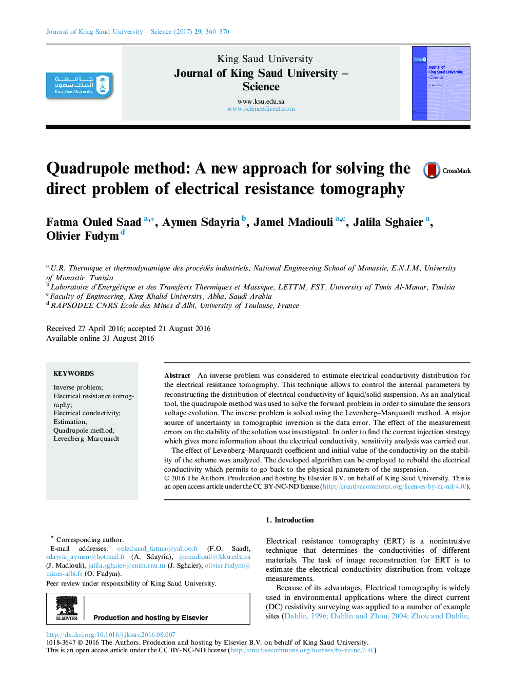 Quadrupole method: A new approach for solving the direct problem of electrical resistance tomography