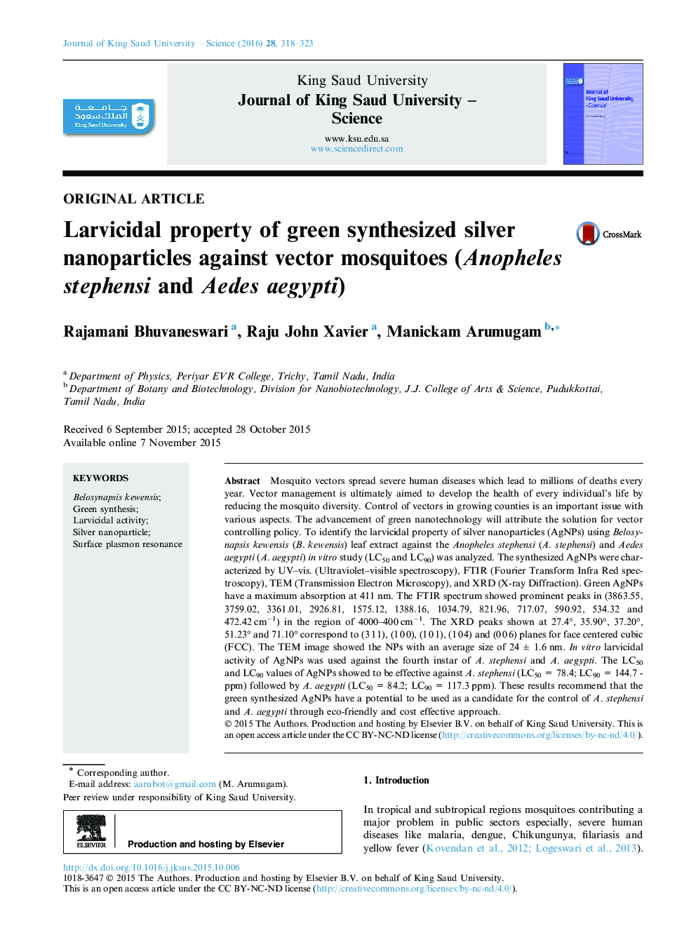 Larvicidal property of green synthesized silver nanoparticles against vector mosquitoes (Anopheles stephensi and Aedes aegypti)