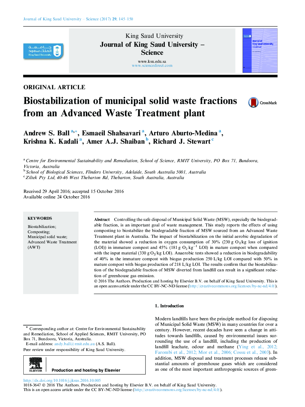 Original articleBiostabilization of municipal solid waste fractions from an Advanced Waste Treatment plant