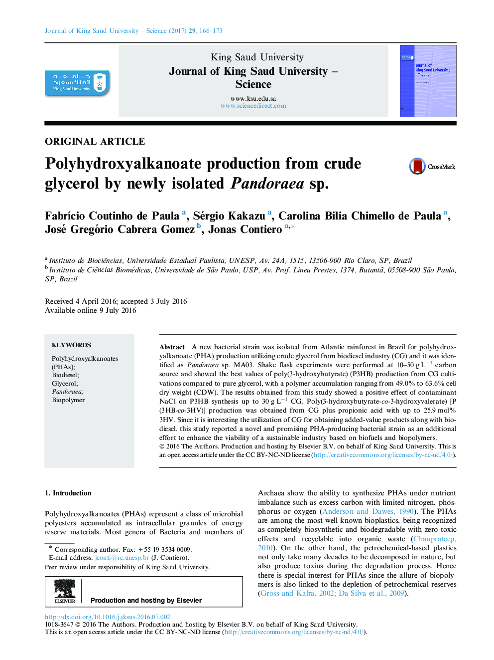 Polyhydroxyalkanoate production from crude glycerol by newly isolated Pandoraea sp.