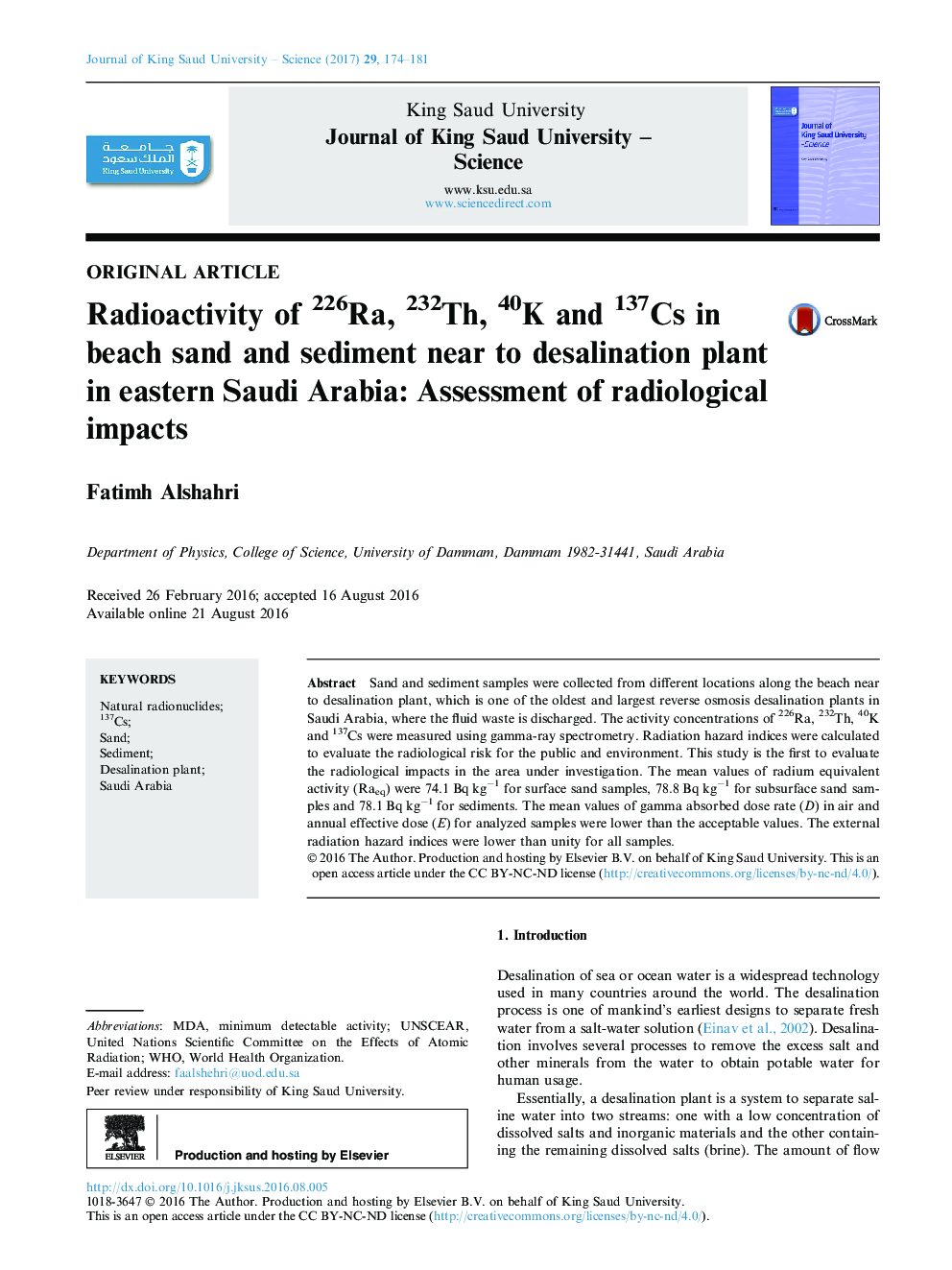 Radioactivity of 226Ra, 232Th, 40K and 137Cs in beach sand and sediment near to desalination plant in eastern Saudi Arabia: Assessment of radiological impacts