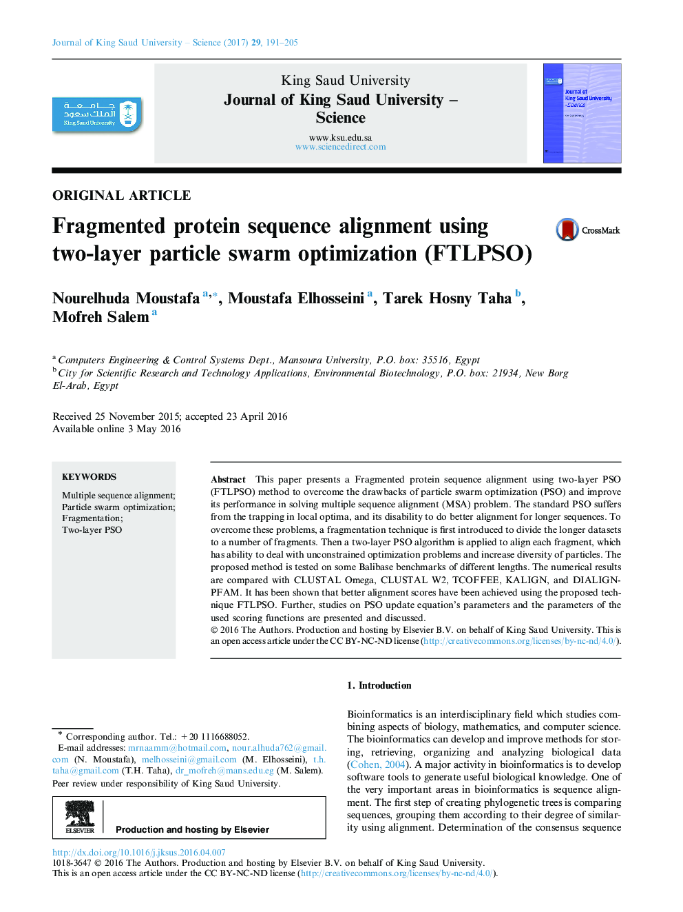 Original articleFragmented protein sequence alignment using two-layer particle swarm optimization (FTLPSO)