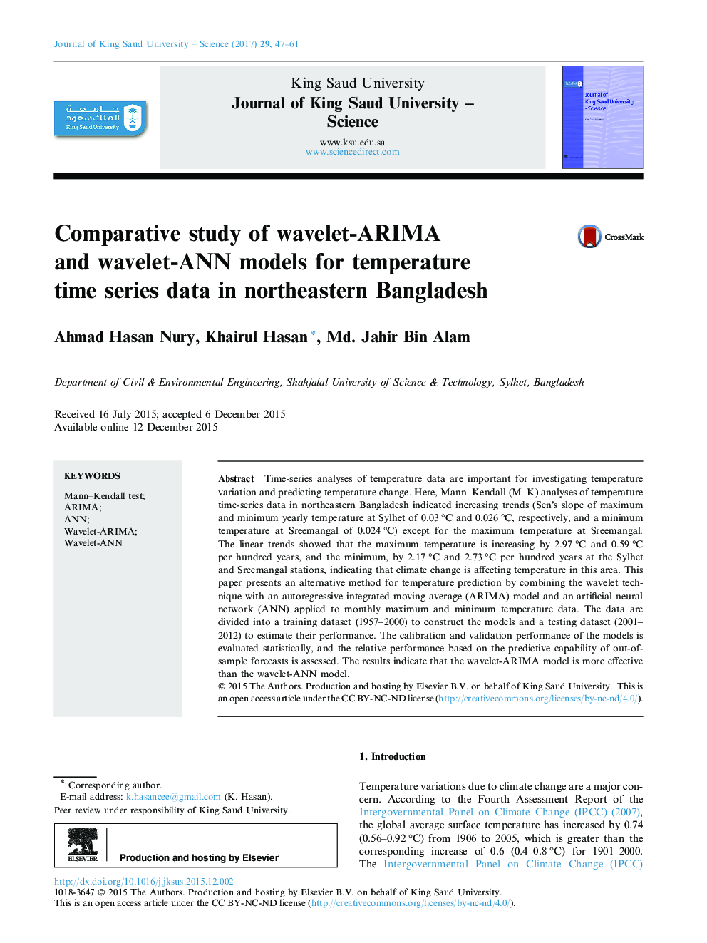 Comparative study of wavelet-ARIMA and wavelet-ANN models for temperature time series data in northeastern Bangladesh