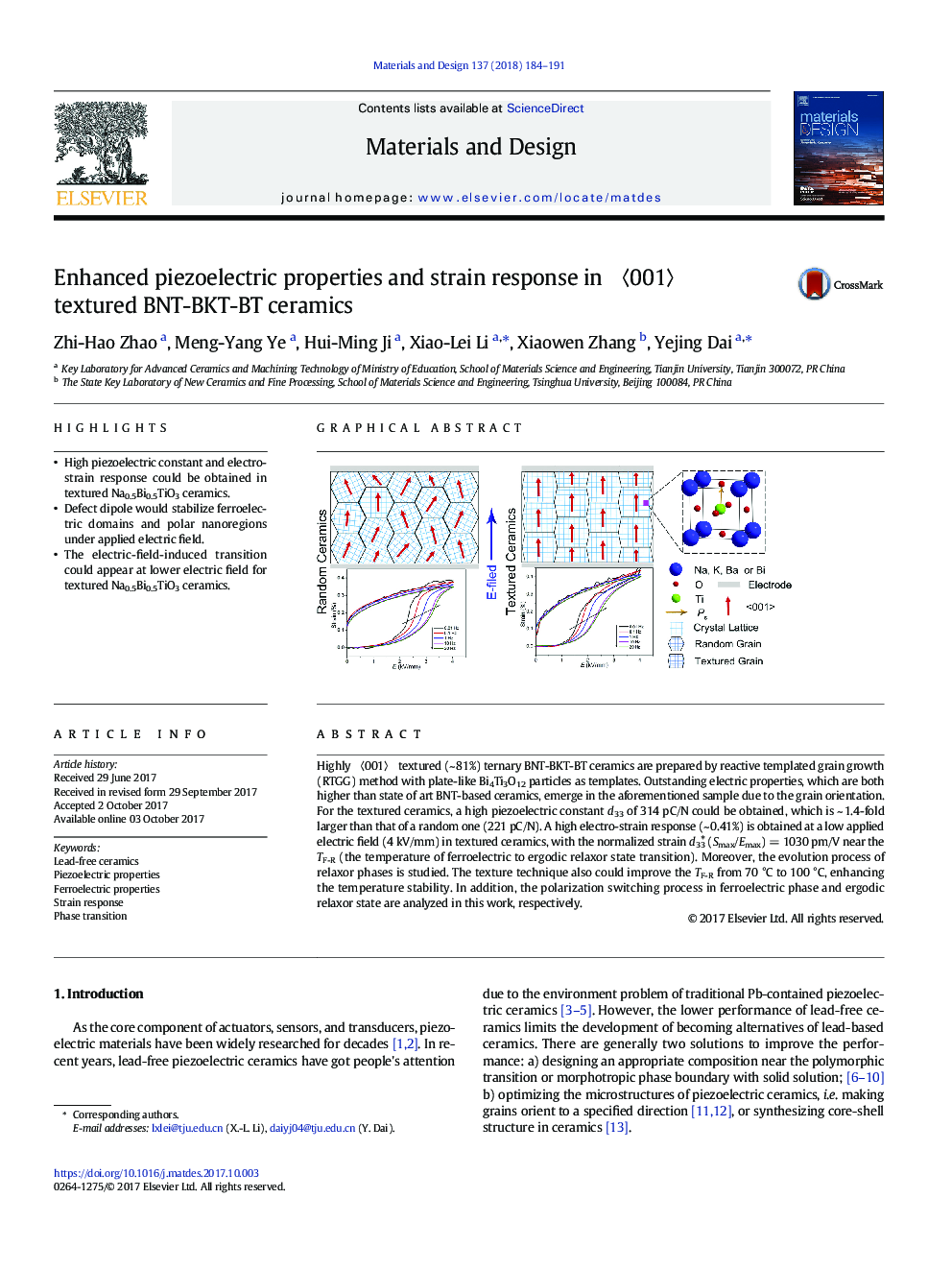 Enhanced piezoelectric properties and strain response in ã001ã textured BNT-BKT-BT ceramics