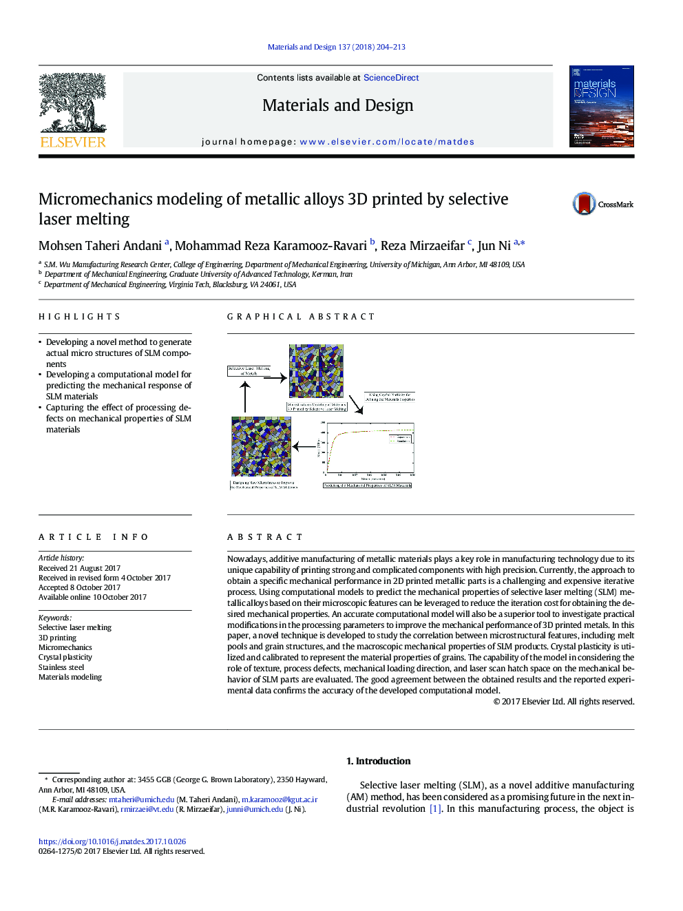 Micromechanics modeling of metallic alloys 3D printed by selective laser melting