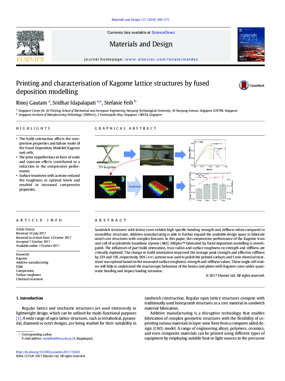 Printing and characterisation of Kagome lattice structures by fused deposition modelling