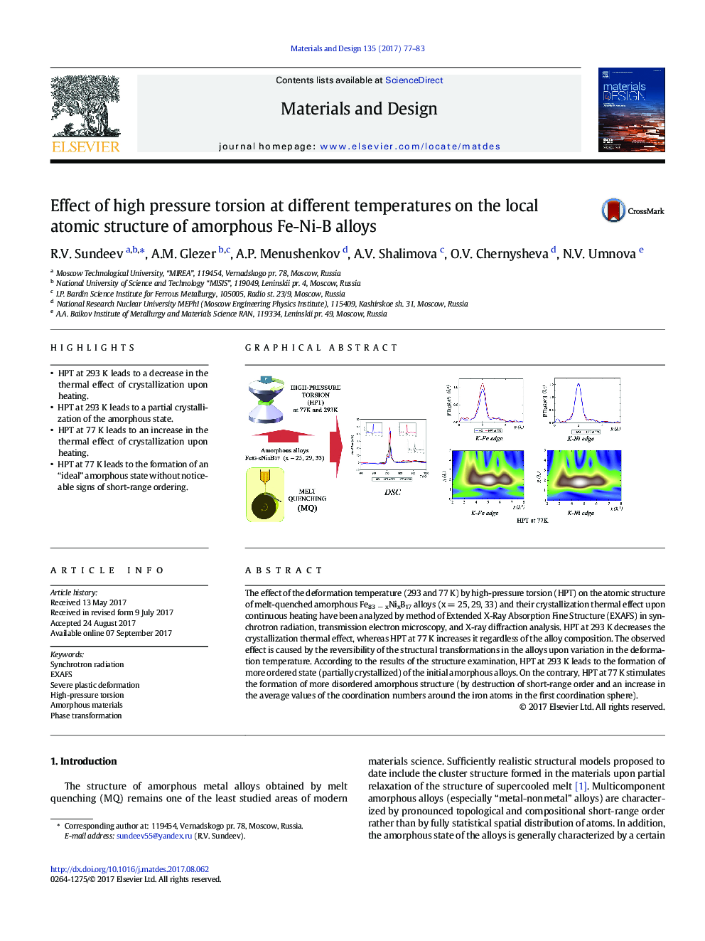 Effect of high pressure torsion at different temperatures on the local atomic structure of amorphous Fe-Ni-B alloys