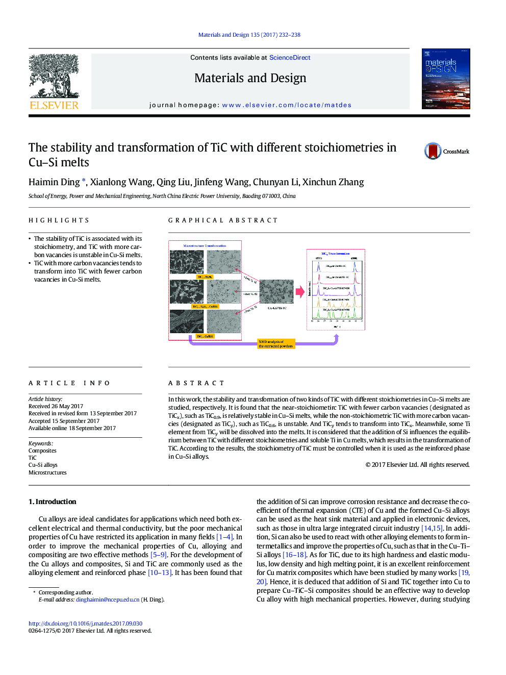 عکس صفحه اول مقاله: The stability and transformation of TiC with different stoichiometries in Cu-Si melts The stability and transformation of TiC with different stoichiometries in Cu-Si melts