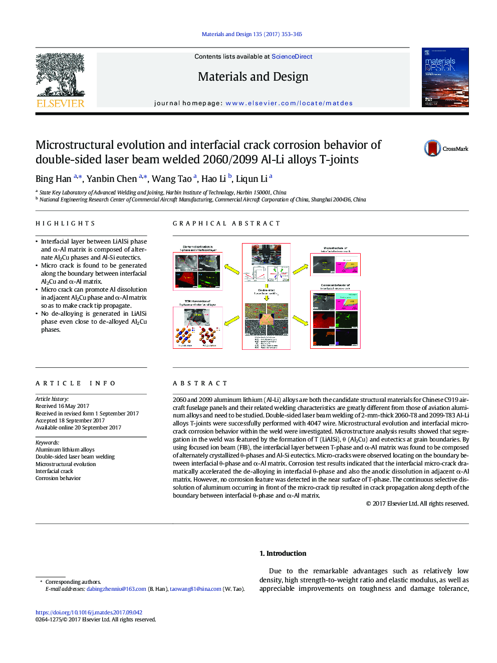 Microstructural evolution and interfacial crack corrosion behavior of double-sided laser beam welded 2060/2099 Al-Li alloys T-joints