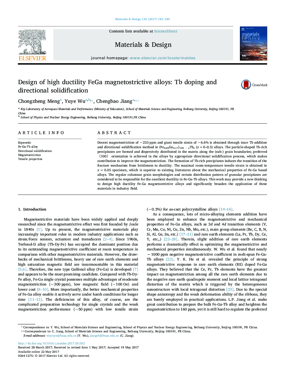 Design of high ductility FeGa magnetostrictive alloys: Tb doping and directional solidification