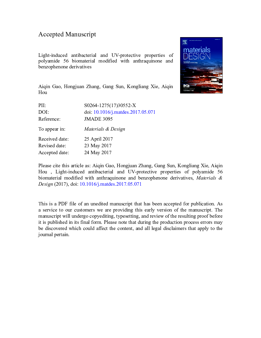 Light-induced antibacterial and UV-protective properties of polyamide 56 biomaterial modified with anthraquinone and benzophenone derivatives