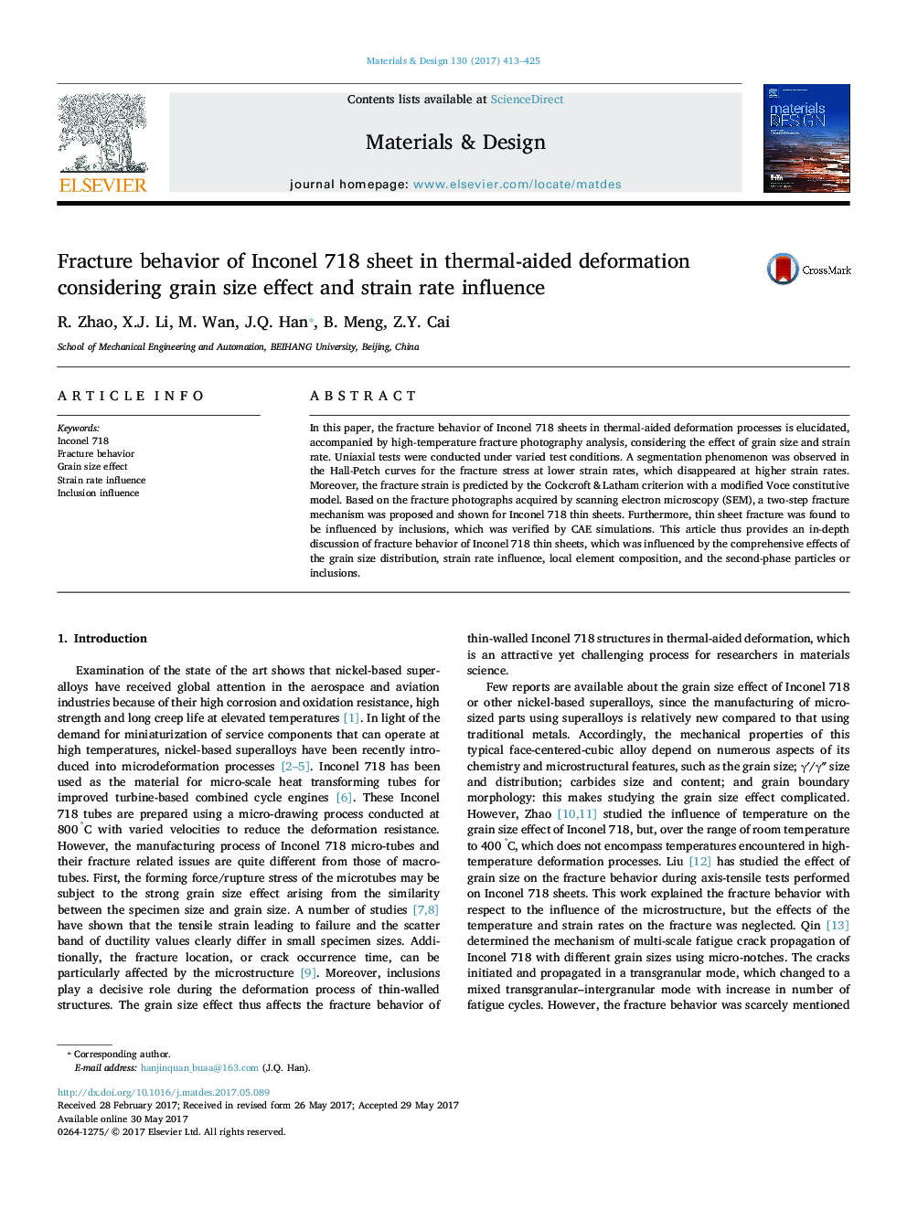 Fracture behavior of Inconel 718 sheet in thermal-aided deformation considering grain size effect and strain rate influence