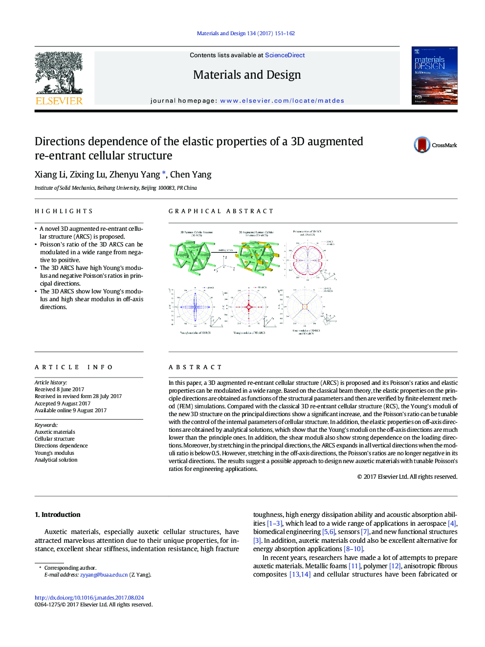 Directions dependence of the elastic properties of a 3D augmented re-entrant cellular structure