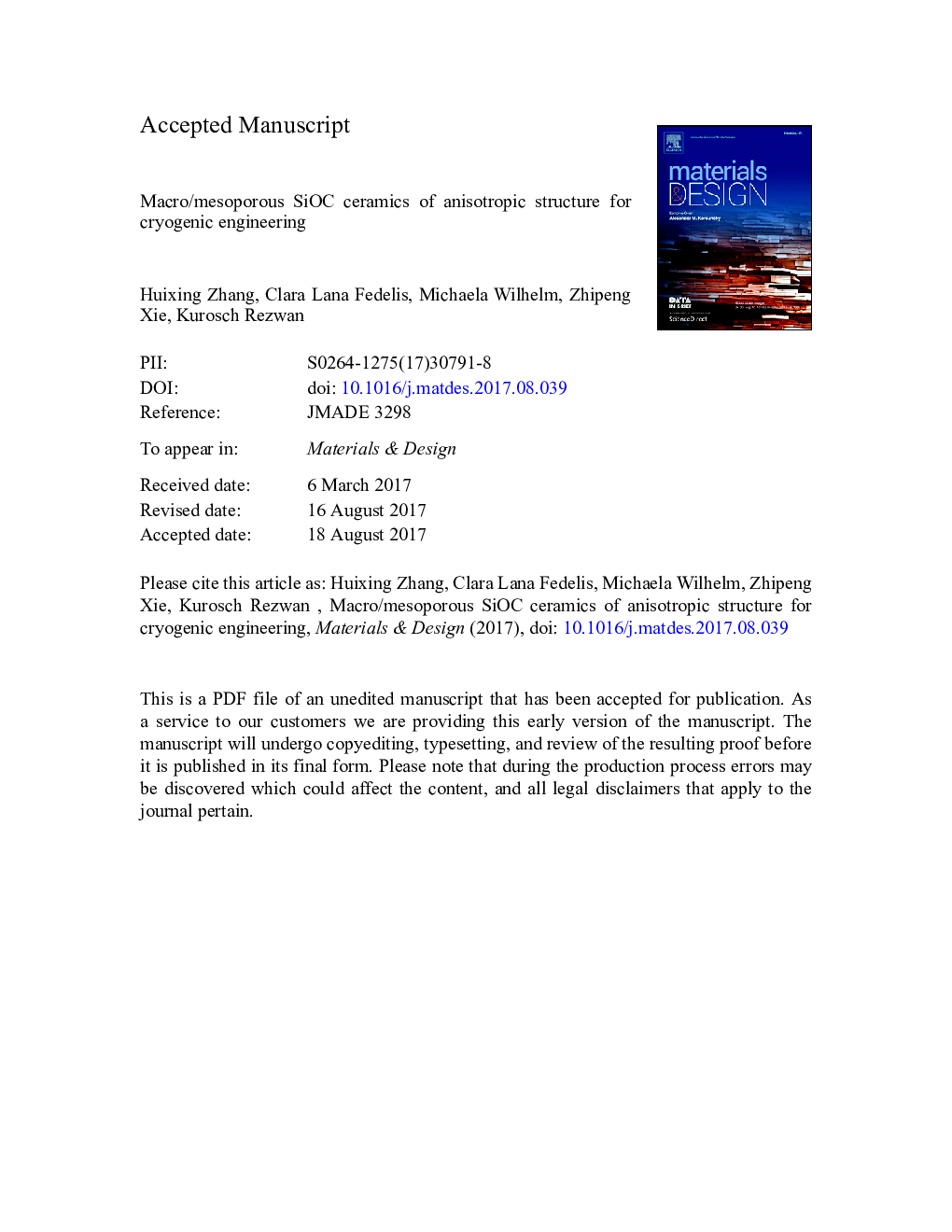 Macro/mesoporous SiOC ceramics of anisotropic structure for cryogenic engineering