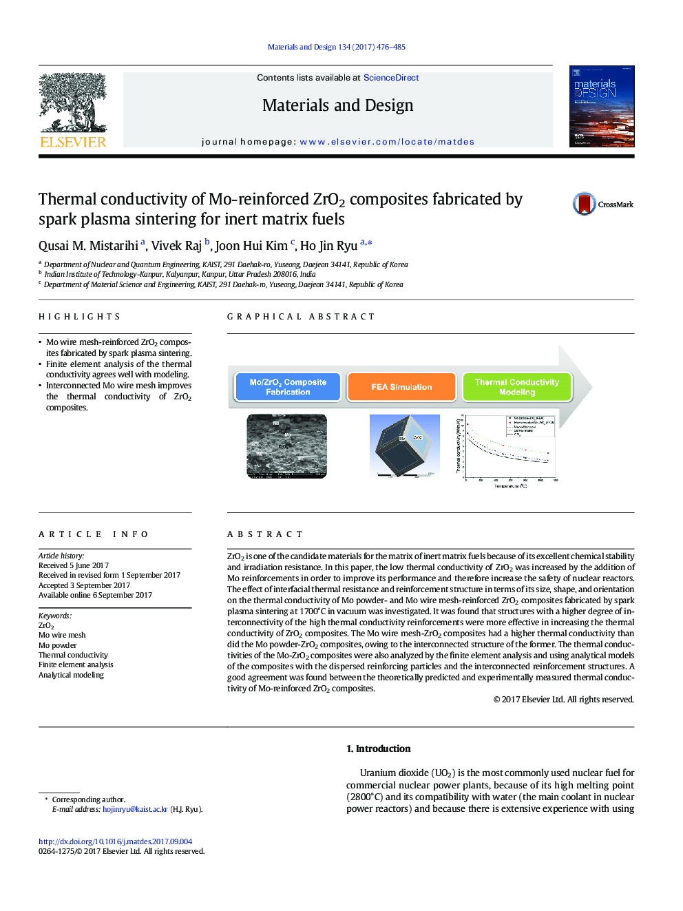 Thermal conductivity of Mo-reinforced ZrO2 composites fabricated by spark plasma sintering for inert matrix fuels