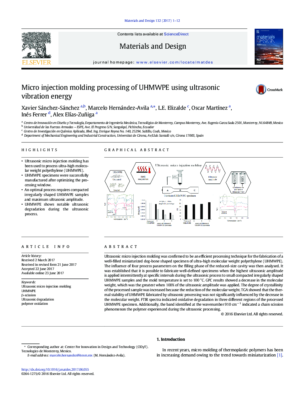 Micro injection molding processing of UHMWPE using ultrasonic vibration energy