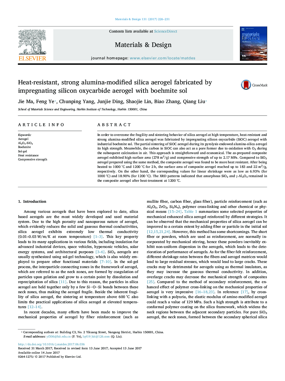 Heat-resistant, strong alumina-modified silica aerogel fabricated by impregnating silicon oxycarbide aerogel with boehmite sol