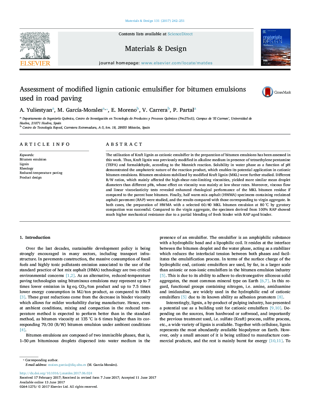 Assessment of modified lignin cationic emulsifier for bitumen emulsions used in road paving