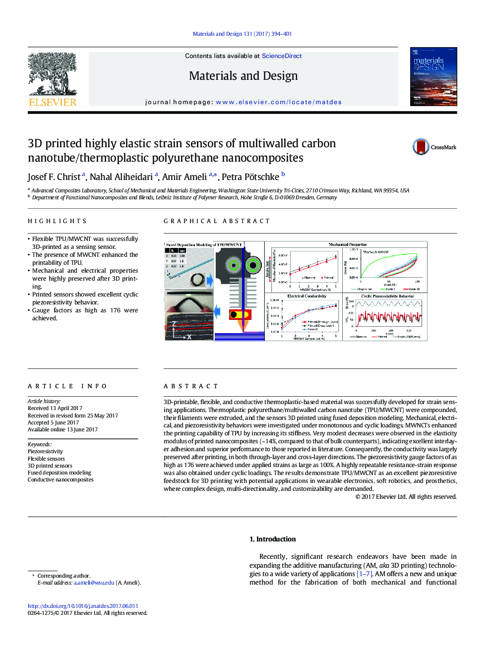 3D printed highly elastic strain sensors of multiwalled carbon nanotube/thermoplastic polyurethane nanocomposites