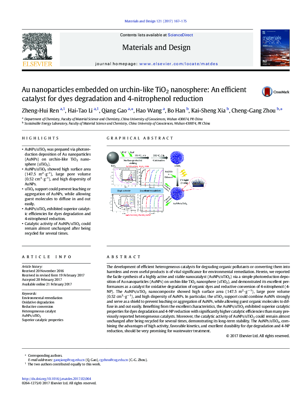 Au nanoparticles embedded on urchin-like TiO2 nanosphere: An efficient catalyst for dyes degradation and 4-nitrophenol reduction