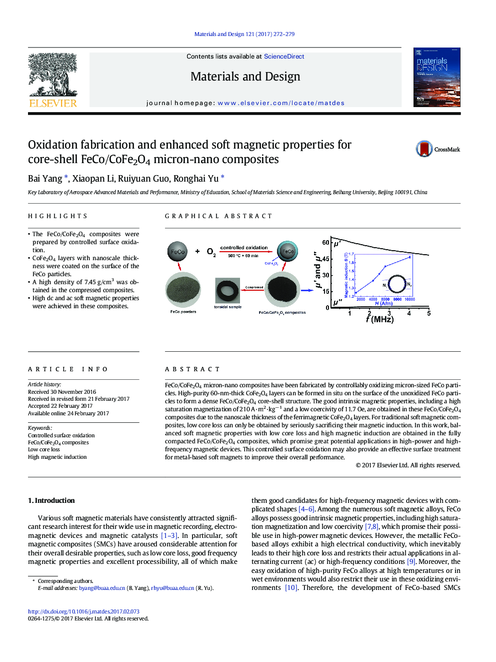 Oxidation fabrication and enhanced soft magnetic properties for core-shell FeCo/CoFe2O4 micron-nano composites