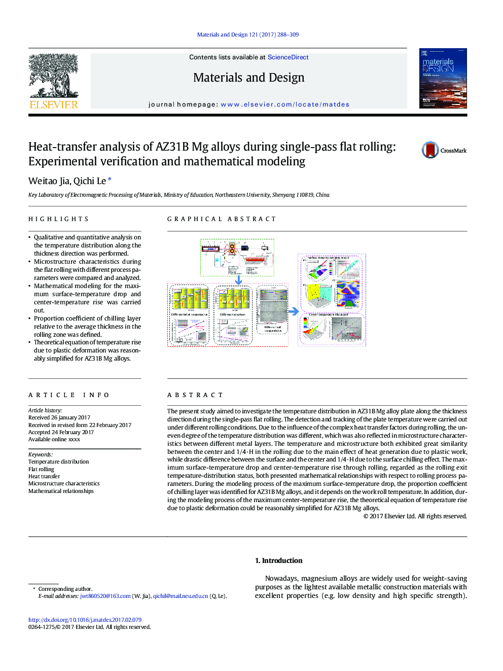 Heat-transfer analysis of AZ31B Mg alloys during single-pass flat rolling: Experimental verification and mathematical modeling