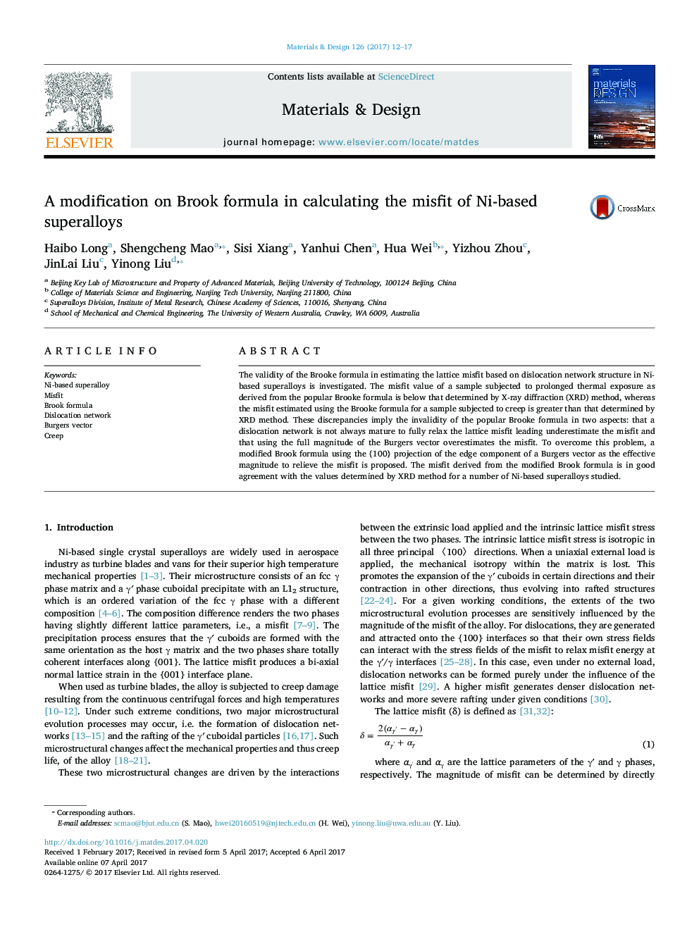 A modification on Brook formula in calculating the misfit of Ni-based superalloys