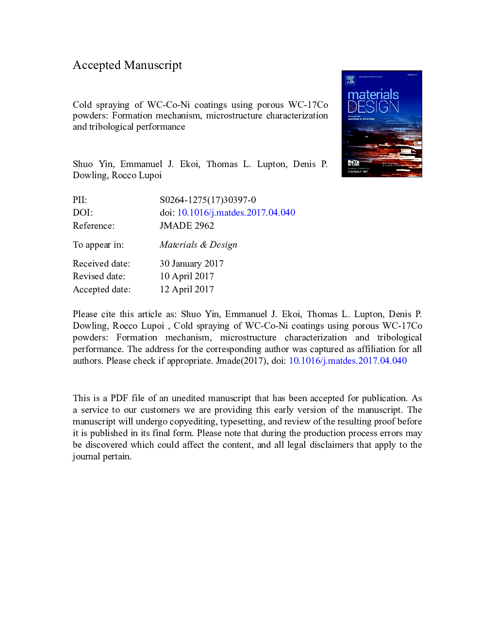 Cold spraying of WC-Co-Ni coatings using porous WC-17Co powders: Formation mechanism, microstructure characterization and tribological performance