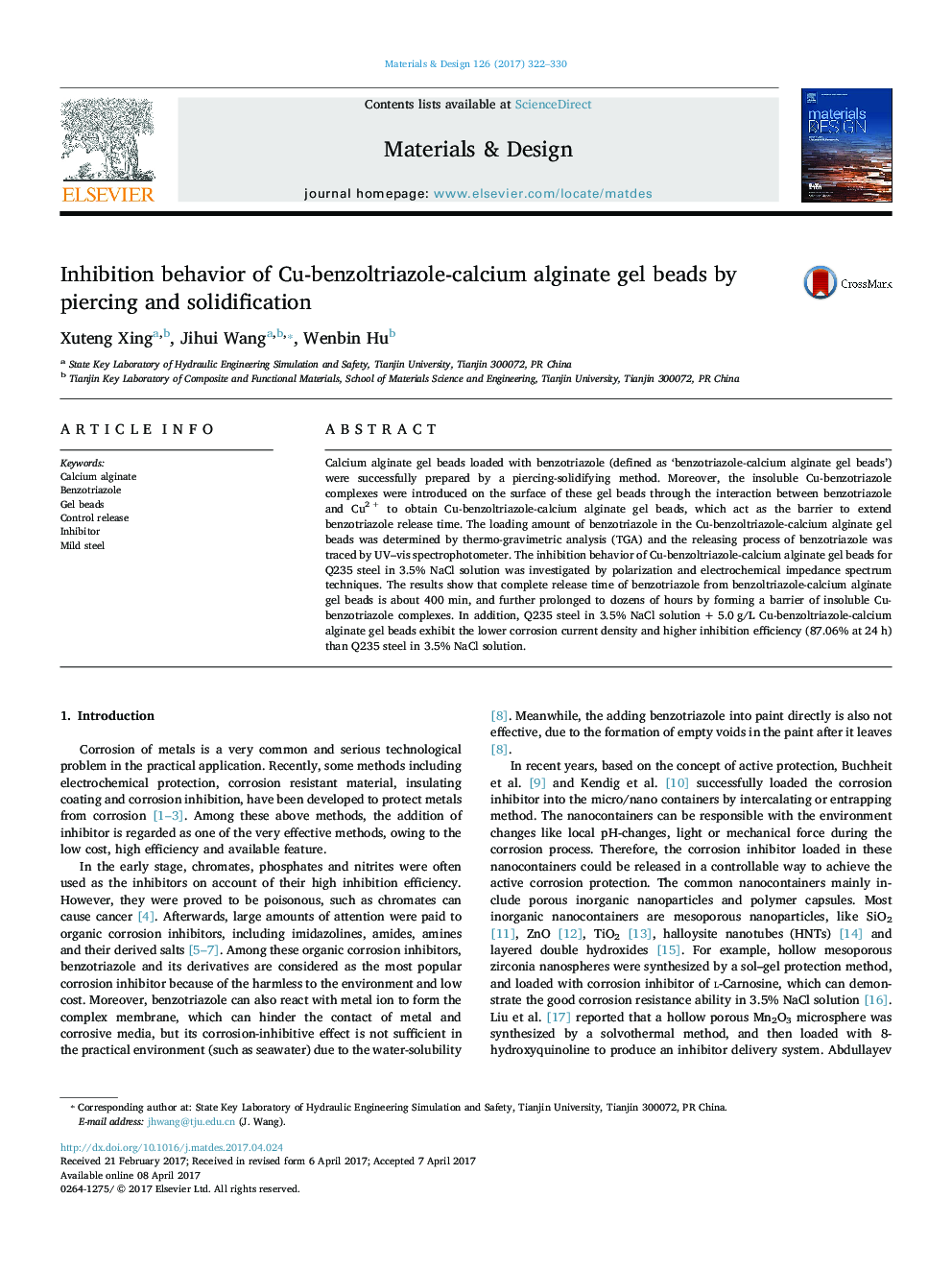 Inhibition behavior of Cu-benzoltriazole-calcium alginate gel beads by piercing and solidification