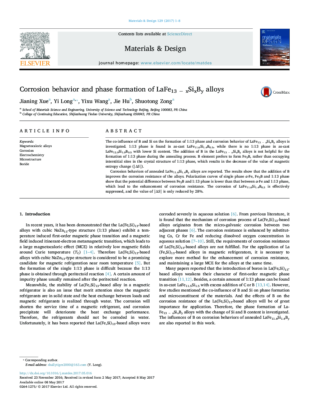 Corrosion behavior and phase formation of LaFe13Â âÂ xSixBy alloys