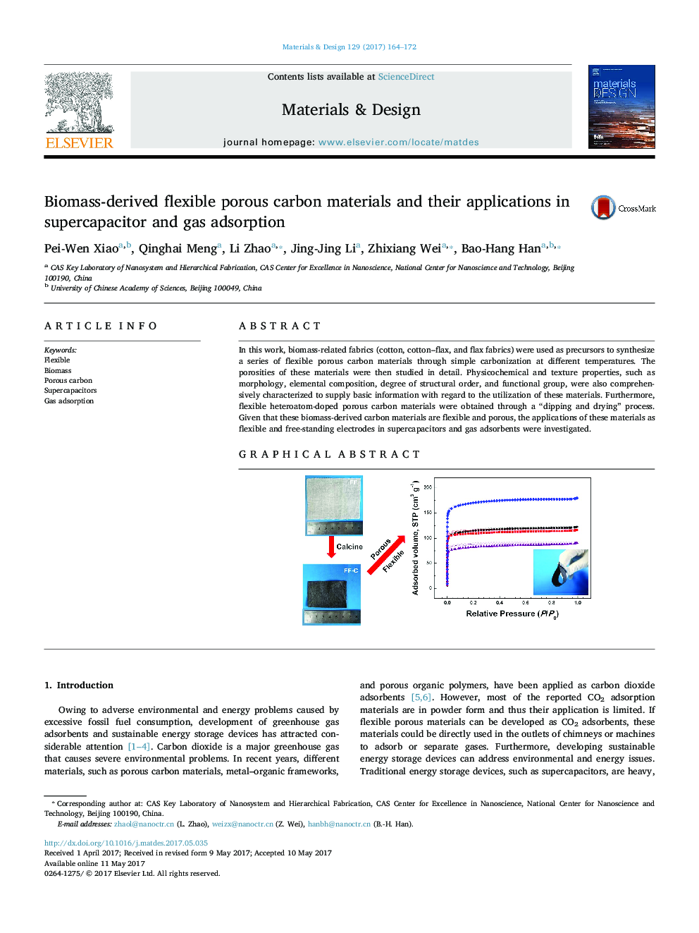 Biomass-derived flexible porous carbon materials and their applications in supercapacitor and gas adsorption