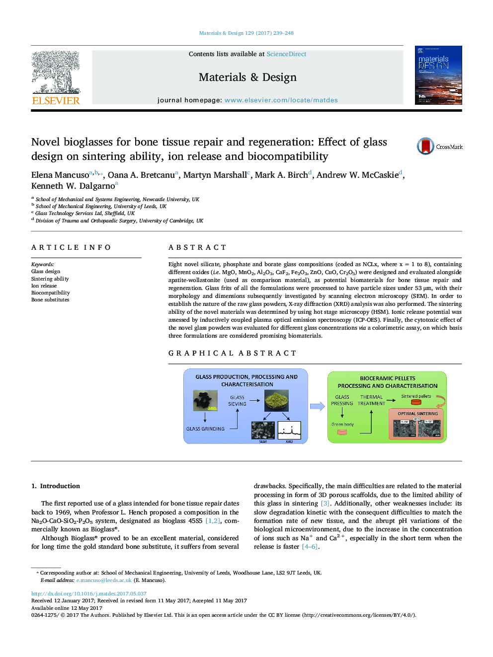 Novel bioglasses for bone tissue repair and regeneration: Effect of glass design on sintering ability, ion release and biocompatibility