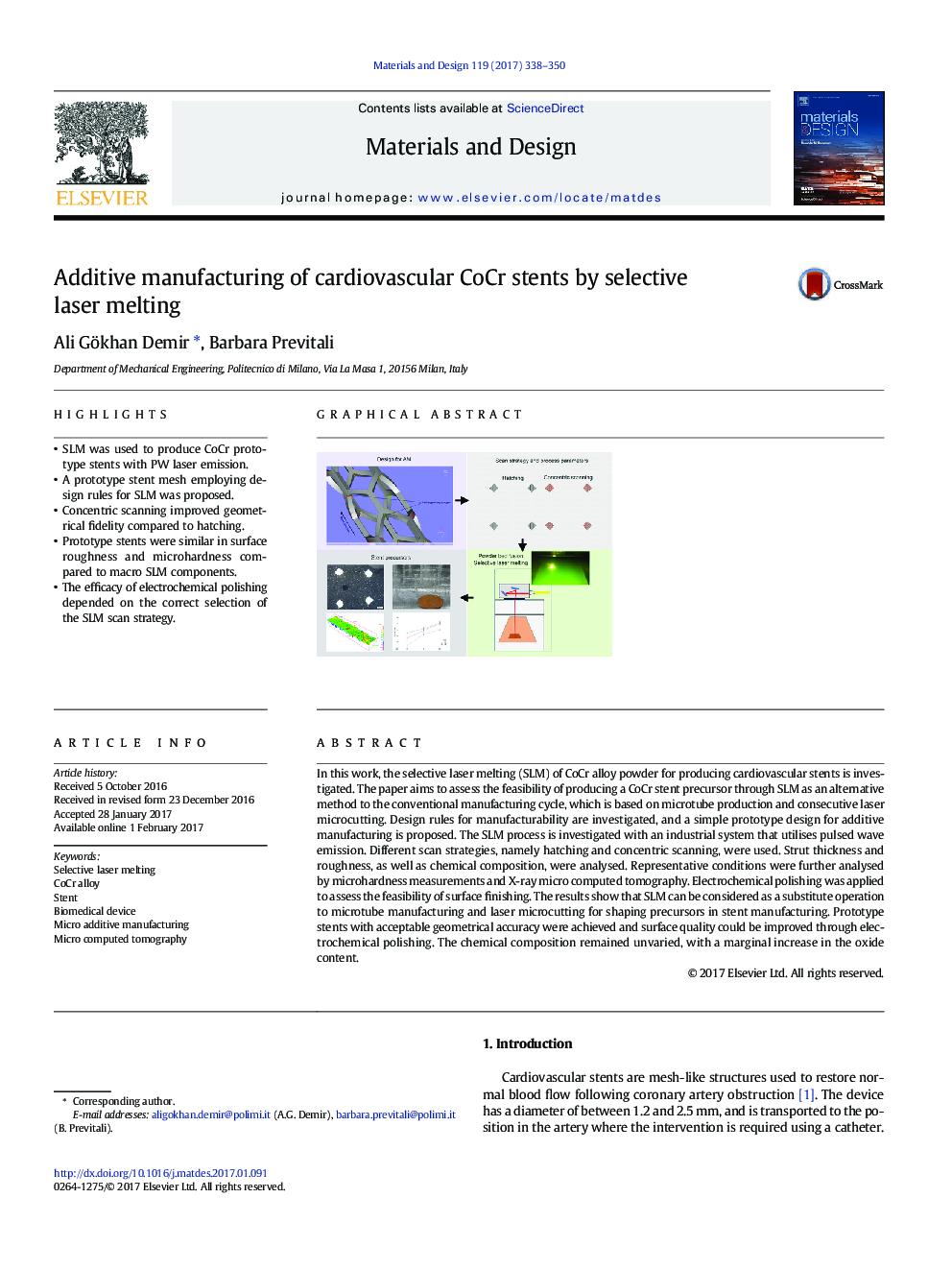 Additive manufacturing of cardiovascular CoCr stents by selective laser melting