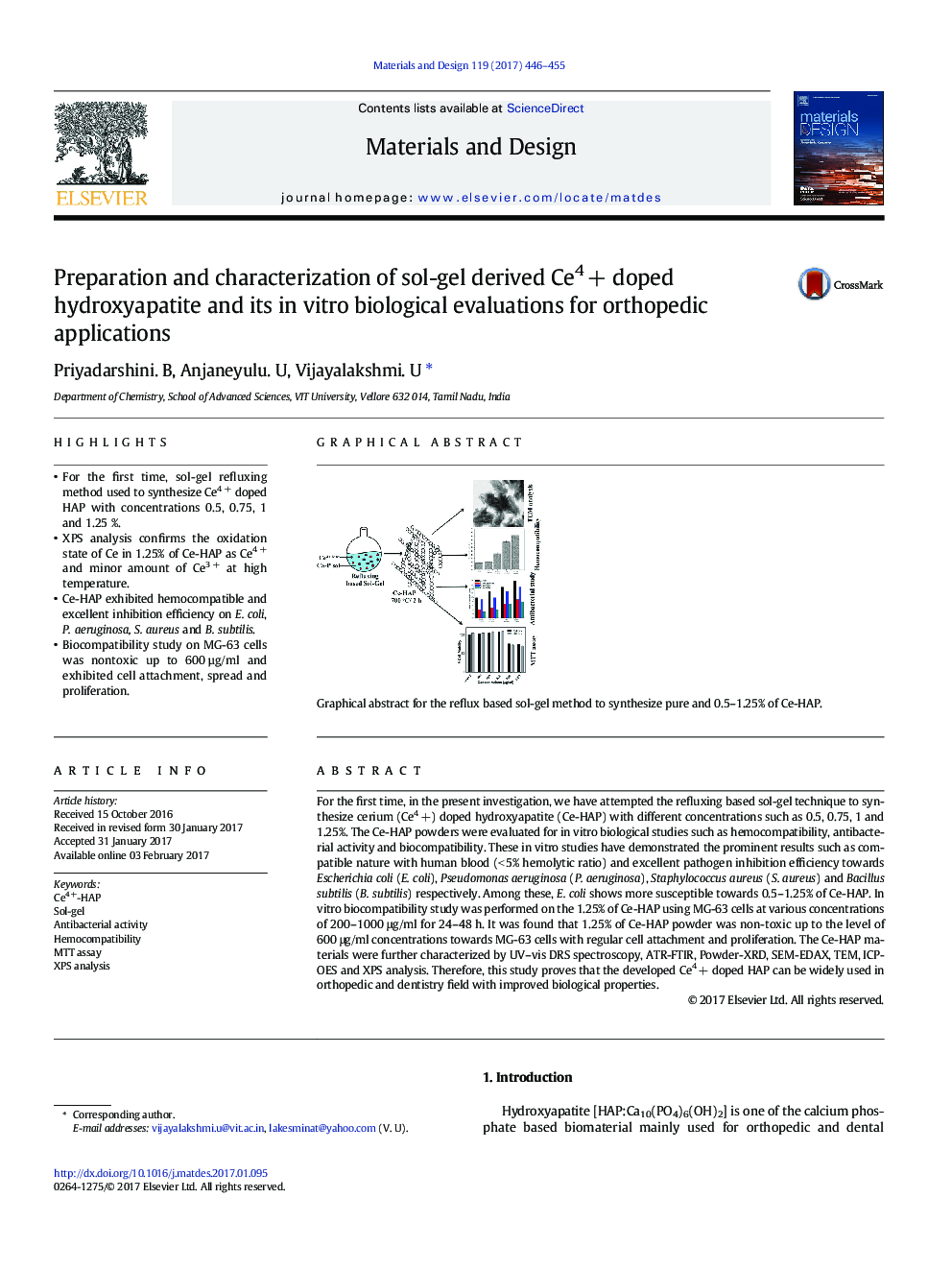 Preparation and characterization of sol-gel derived Ce4Â + doped hydroxyapatite and its in vitro biological evaluations for orthopedic applications